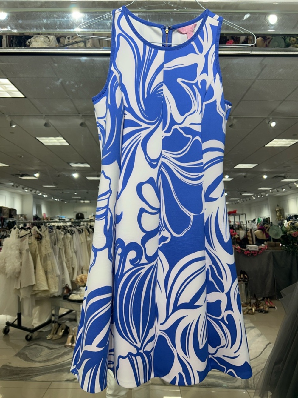 LILLY PULITZER Scuba Fabric Blue and White Floral A-Line Dress
